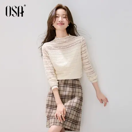 OSA欧莎小立领蕾丝雪纺衫女2025秋季新款横纹肌理长袖打底衫上衣商品大图