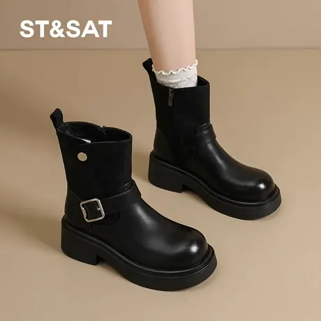 St&Sat/星期六厚底加绒马丁靴女秋冬百搭短靴增高显瘦骑士时装靴商品大图