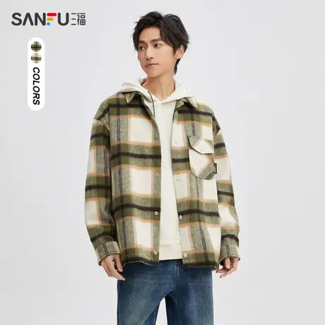 三福2023冬男士毛呢格大格纹长衬衫 时尚宽松翻领上衣男476239图片