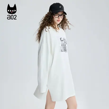 a02宽松圆领中长款长袖T恤女2025新款秋季慵懒松弛感上衣通勤穿搭商品大图
