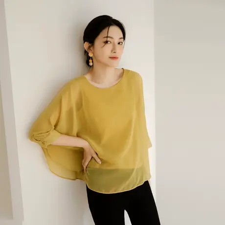 桔熊夏季纯色凉爽飘逸雪纺衫垂坠感宽松蝙蝠袖上衣女大码AB15605图片