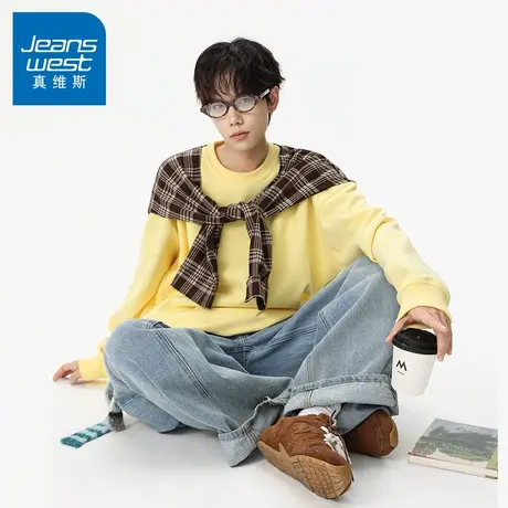 N5真维斯男士圆领卫衣2025新款秋季重磅宽松假两件男生春秋装上衣商品大图