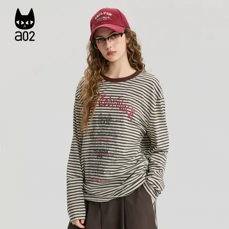 a02宽松圆领纯棉长袖T恤女2025新款秋季条纹打底衫上衣通勤穿搭商品大图