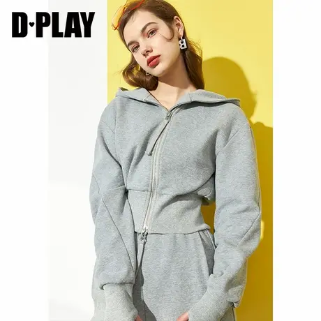 dplay德帕拉秋季新款灰色高腰连帽短款卫衣小个子上衣时尚外套商品大图