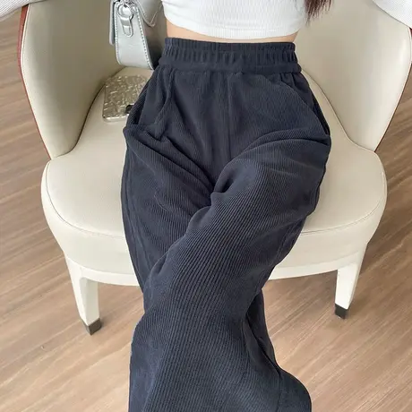 窄版雪尼尔阔腿裤女秋冬新款高腰宽松灰色灯芯绒休闲直筒香蕉裤子商品大图