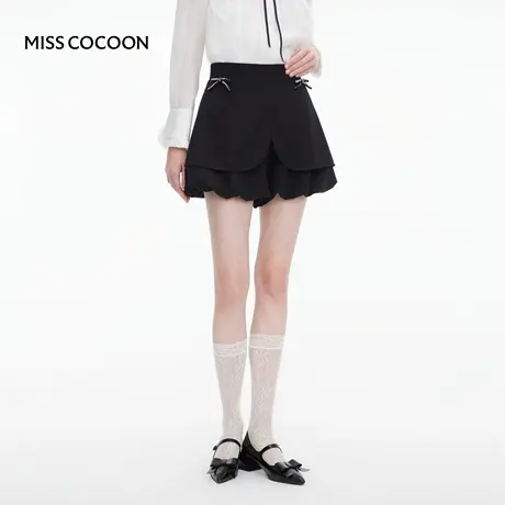 【七七酱专享】MISSCOCOON假两件花苞裙裤钻饰黑色休闲短裤商品大图