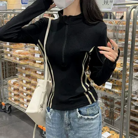 2025秋美式复古杠条设计感拉链长袖T恤女半高领别致独特漂亮小衫商品大图