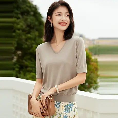 Q含桑蚕丝春夏V领针织衫女鸡心领套头打底衫纯色短袖上衣薄图片