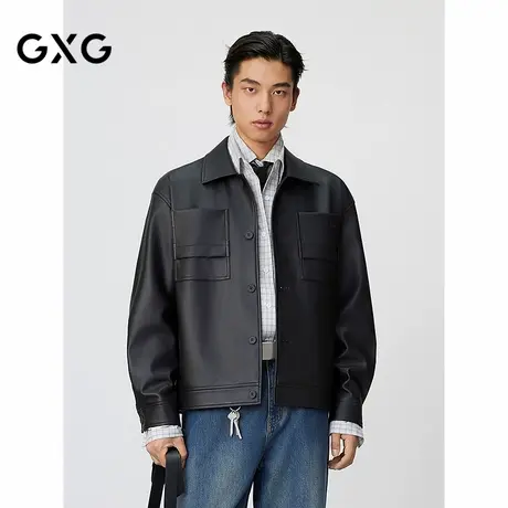 GXG男装 复古PU皮口袋压花简约时尚潮流翻领夹克外套 25年春新品商品大图