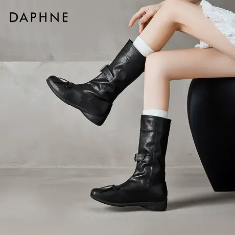 达芙妮黑色短靴女春季2026新款中筒小众设计感瘦瘦靴平底骑士靴图片