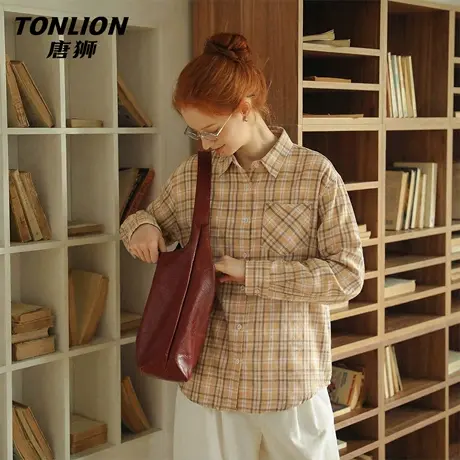 唐狮官方长袖格子衬衫女款2026新款春秋款韩系慵懒风外套上衣女VB图片