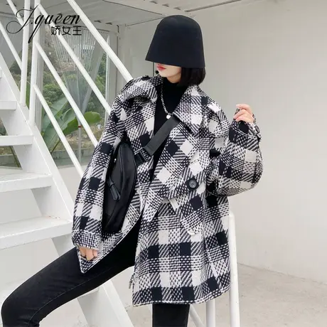 毛呢外套女冬季复古时尚宽松显瘦休闲法式名媛风加厚格子呢子大衣商品大图