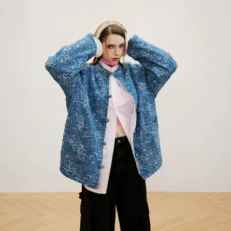 国潮新中式棉服女冬季加厚外套2023新款复古花色宽松oversize棉衣商品大图