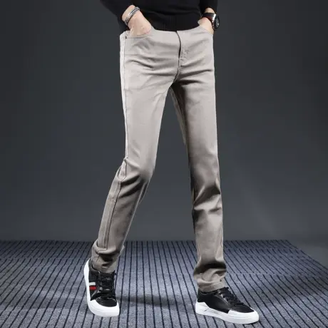 卡其色男士休闲牛仔裤秋季2023新款修身直筒高端弹力百搭男装裤子图片