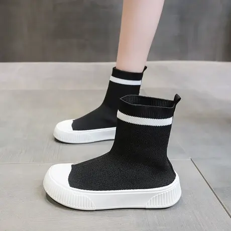 夏季透气弹力飞织袜子靴2023年新款松糕底字母涂鸦显瘦短筒靴子女图片