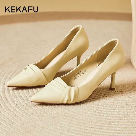 珂卡芙法式高跟鞋女款2023年女鞋新款秋款细跟尖头白色配裙子单鞋图片