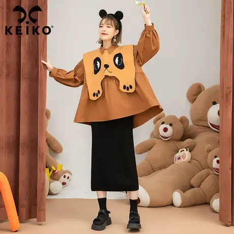 春季叠穿搭配减龄衬衫女2022春提花针织背心+洋气咖色上衣娃娃衫商品大图