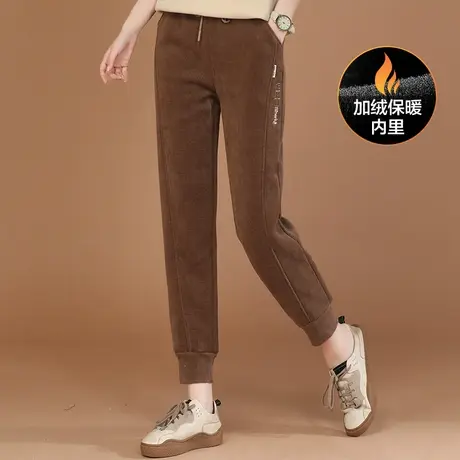 新品8.5折】松紧腰刺绣灯芯绒加绒运动裤女休闲工装卫裤图片