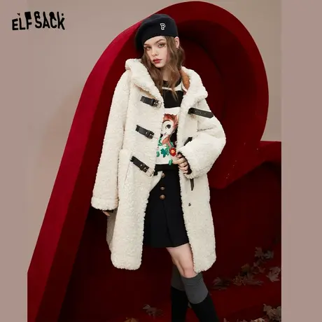 妖精的口袋连帽白色仿羊羔绒大衣女2023秋冬季新款加厚中长款外套图片