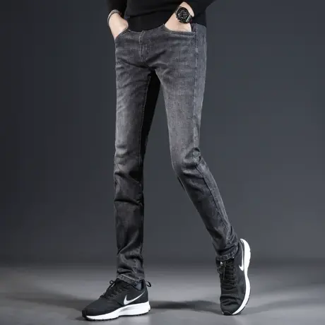 秋季牛仔裤男款2023新款修身小脚深灰色韩版潮流弹力百搭休闲男裤图片