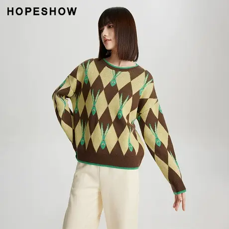 红袖outlets撞色边格纹套头针织衫hopeshow2023冬款宽松通勤毛衣图片