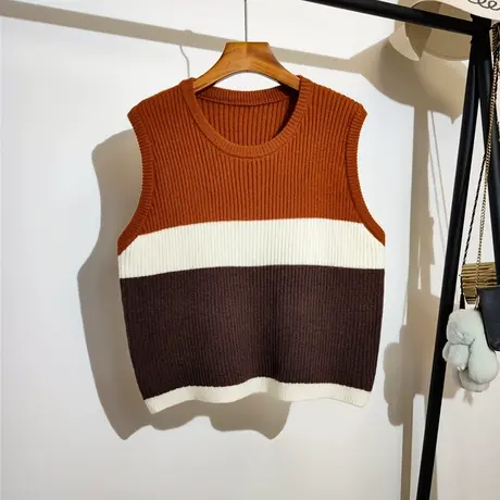 条纹撞色针织背心马甲女秋冬2023新款韩版学院风无袖毛衣坎肩外穿商品大图