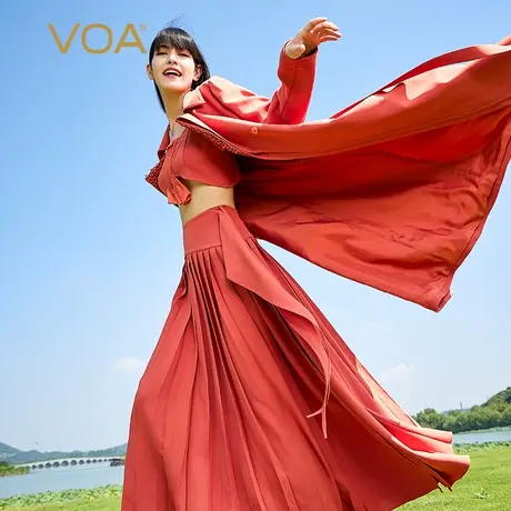 VOA51姆米重磅真丝锈红木耳花西装领绑带收腰一粒扣直筒百搭风衣商品大图