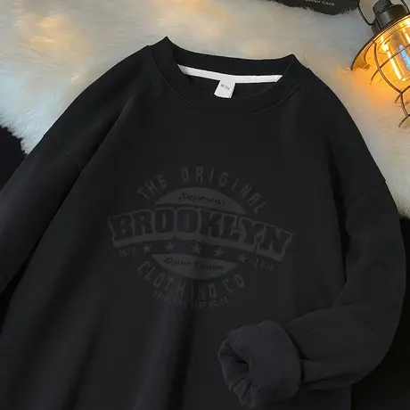 450g重磅圆领套头卫衣男秋冬款黑色长袖t恤摇粒绒保暖无帽上衣服商品大图