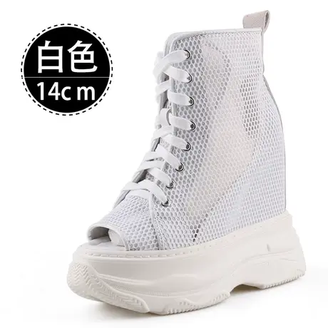 14CM内增高凉靴女夏新款红色网面透气高帮鱼嘴凉鞋休闲厚底松糕鞋商品大图