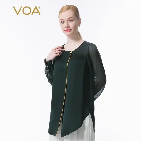 VOA100%桑蚕丝双面缎40姆米重磅绿色圆领衬衫长袖一粒扣真丝T恤女图片