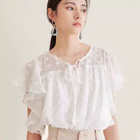 桔熊夏季复古圆点荷叶边飞飞袖宽松薄款雪纺衫上衣女大码AB17296商品大图