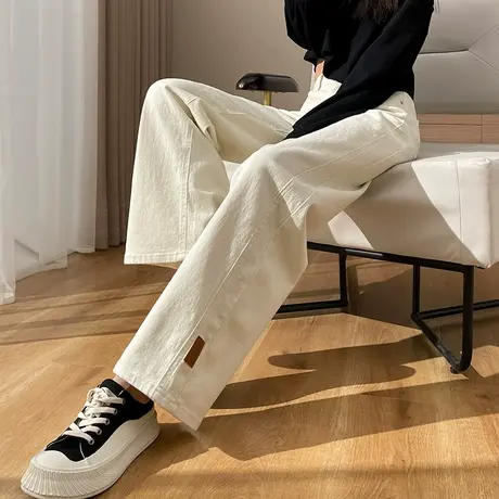 米白色阔腿牛仔裤女2025年新款春秋高腰显瘦宽松直筒裤子休闲长裤图片