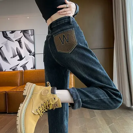 加绒牛仔裤女冬季加厚高腰显瘦小个子复古蓝九分直筒哈伦老爹裤子商品大图