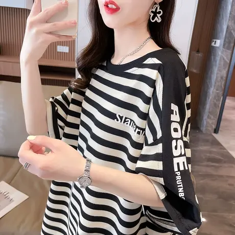 小众设计感短袖t恤女夏季韩版宽松大码女装中长款小个子条纹上衣图片