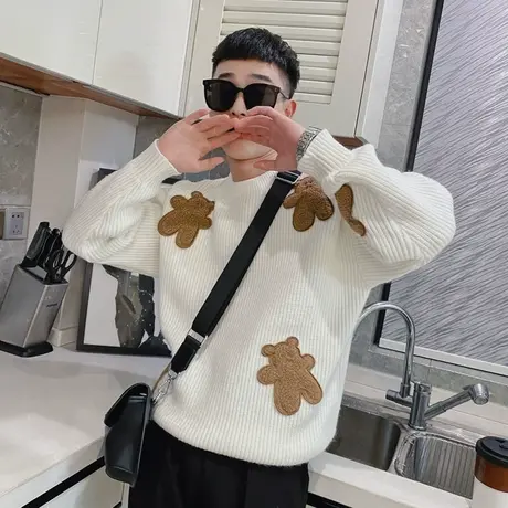 圆领毛衣男厚款冬季套头针织衫上衣韩版潮流小熊宽松ins潮牌外套商品大图