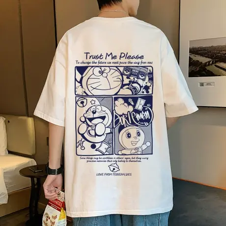 潮流多啦a梦短袖T恤男夏季ins潮牌衣服港风宽松设计感纯棉体恤衫t商品大图