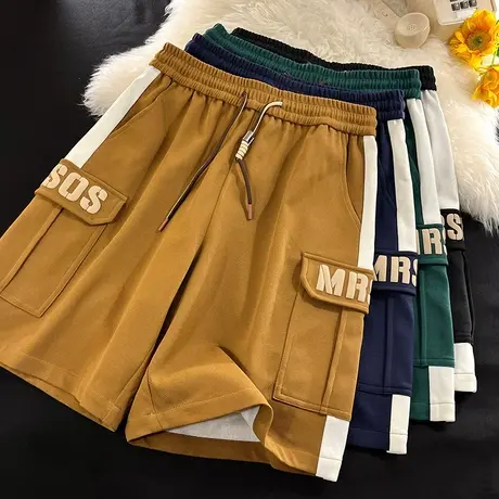 美式复古拼接撞色短裤男夏季宽松休闲运动卫裤潮牌高街百搭五分裤商品大图