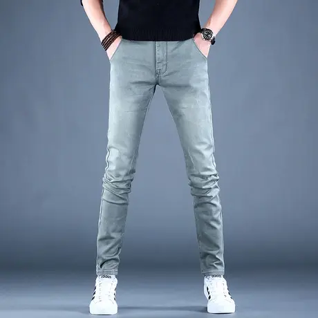 男士紧身弹力牛仔裤男潮牌2023新款秋冬修身小脚韩版休闲裤子绿色商品大图