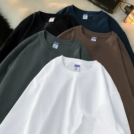 260g重磅纯棉t恤男长袖秋冬内搭打底衫美式全棉体恤纯色白色秋衣商品大图