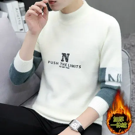 水貂绒半高领毛衣男士秋冬季2023新款潮流保暖加厚针织打底衫男装商品大图