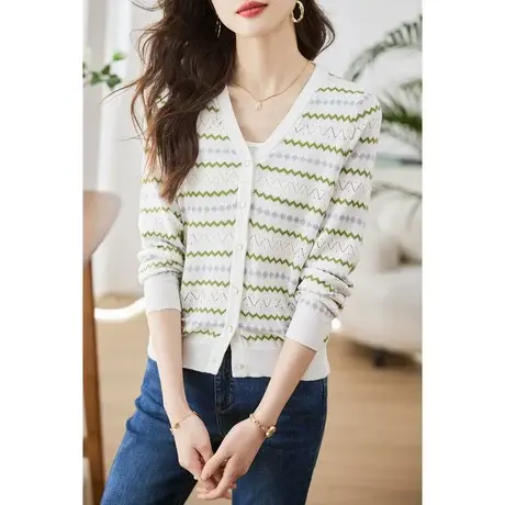 时尚气质淑女针织开衫2023年春季新款温柔甜美显瘦通勤V领上衣图片