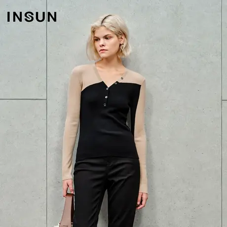 INSUN恩裳线上专选秋季双色拼接羊毛针织衫商品大图