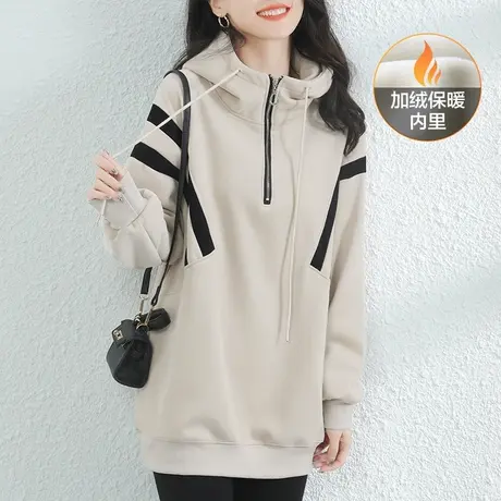 韩潮袭人复古中长款连帽撞色加绒卫衣女秋冬2023新款银狐绒外套厚图片