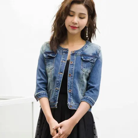 牛仔外套女短款修身韩版新款学生七分袖春秋牛仔服大码上衣圆领8商品大图