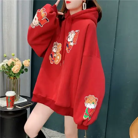 加绒加厚新年红色连帽卫衣女2021秋冬新款洋气宽松设计感外套上衣商品大图