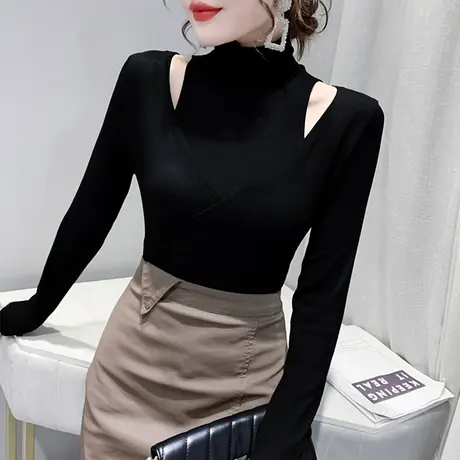 高领打底衫女春秋2024新款性感露肩长袖T恤紧身内搭别致心机上衣图片