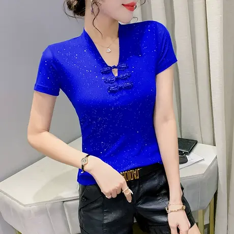 女装2024新款盘扣V领上衣夏季设计感小众网纱短袖T恤性感紧身小衫图片