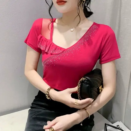 欧货荷叶边V领T恤女短袖时尚性感网纱小衫重工烫钻上衣百搭体恤夏图片