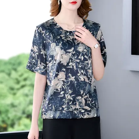 2023夏装妈妈真丝上衣高端气质短袖中老年新款高贵夫人桑蚕丝t恤商品大图