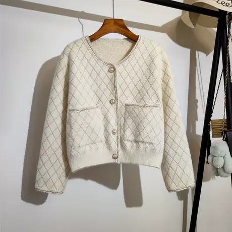 小香风亮丝毛衣开衫外套女秋冬新款宽松长袖短款菱形格针织衫上衣图片